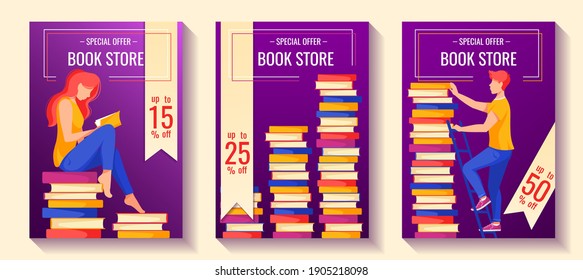 Ser of flyer for book store sale. Woman seating on the books and reading a book. Stacks of books. Man on the ladder taking a book. A4 vector illustration for flyer, poster, banner, advertising.