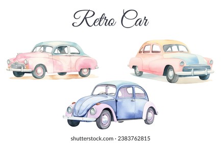 Ser de coches de color agua vintage aislados en fondo blanco. Carros retro. Ilustración del vector