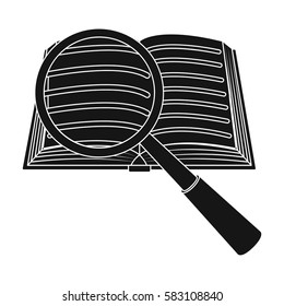 Seraching of information in the book icon in black style isolated on white background. Library and bookstore symbol stock vector illustration.