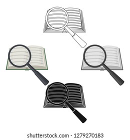 Seraching of information in the book icon in cartoon style isolated on white background. Library and bookstore symbol stock vector illustration.