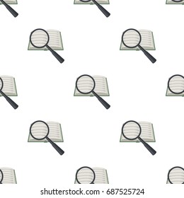 Seraching of information in the book icon in cartoon style isolated on white background. Library and bookstore symbol stock vector illustration.