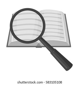 Seraching of information in the book icon in monochrome style isolated on white background. Library and bookstore symbol stock vector illustration.
