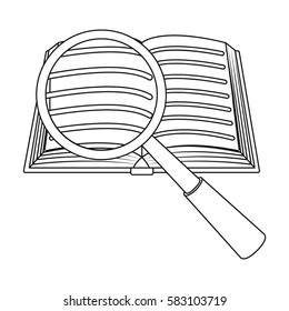 Seraching of information in the book icon in outline style isolated on white background. Library and bookstore symbol stock vector illustration.