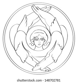 Seraph freehand outline drawing, illustration in a round medallion isolated on white 