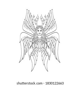 Seraph or Seraphim a Six-Winged Fiery Angel with Six Wings and Deer Antlers Tattoo Style Black and White