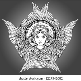 Seraph, six winged Angel. Isolated hand drawn vector illustration. Highest rank in Christian angelology. Trendy Vintage style element. Spirituality, occultism, alchemy, magic, love. Coloring book.