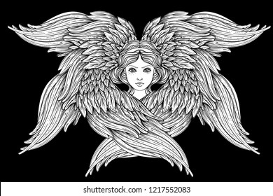 Seraph, six winged Angel. Isolated hand drawn vector illustration. Highest rank in Christian angelology. Trendy Vintage style element. Spirituality, occultism, alchemy, magic, love. Coloring book.