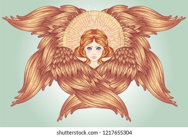 Seraph, six winged Angel. Isolated hand drawn vector illustration. Highest rank in Christian angelology. Trendy Vintage style element. Spirituality, occultism, alchemy, magic, love. Golden Halo.