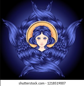 Seraph, six winged Angel. Isolated hand drawn vector illustration. Highest rank in Christian angelology. Trendy Vintage style element. Spirituality, occultism, alchemy, magic, love. Golden Halo.
