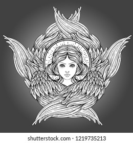 Seraph, six winged Angel. Isolated hand drawn vector illustration. Highest rank in Christian angelology. Trendy Vintage style element. Spirituality, occultism, alchemy, magic, love. Coloring book.