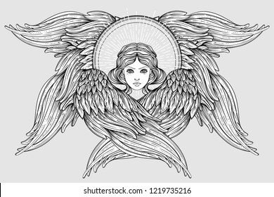 Seraph, six winged Angel. Isolated hand drawn vector illustration. Highest rank in Christian angelology. Trendy Vintage style element. Spirituality, occultism, alchemy, magic, love. Coloring book.