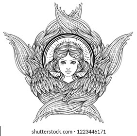 Seraph, six winged Angel. Isolated hand drawn vector illustration. Highest rank in Christian angelology. Trendy Vintage style element. Spirituality, occultism, alchemy, magic, love. Coloring book.