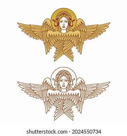 Seraph, six winged Angel. Isolated vector illustration. Highest rank in Christian angelology. Trendy Vintage style element. Religious symbol.