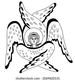 Seraph, six winged Angel. Religious symbol. Vector illustration. Line drawing outline