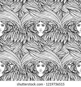 Seraph, six winged Angel. Seamless pattern. Color hand drawn vector illustration. Highest rank in Christian angelology. Trendy Vintage style element. Spirituality, occultism, alchemy, magic, love.