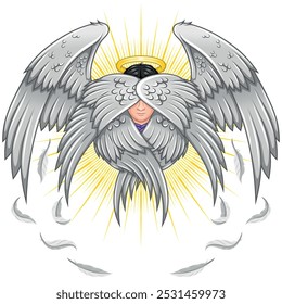 Seraph with six wings, angelic face of the Catholic religion, archangel with halo and feathers