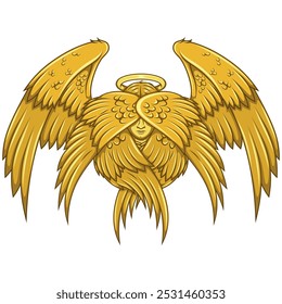 Seraph with six wings, angelic face of the Catholic religion, archangel with halo and feathers