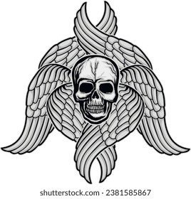 Seraphim skull with six wings   (Hand drawn vector image), grunge vintage design t shirts