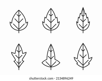 seratted and lobed leaf line icon set. botanical and nature symbols. three leaves vector images