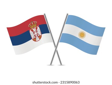 Serbia y Argentina cruzaron banderas. Banderas serbias y argentinas sobre fondo blanco. Conjunto de iconos del vector. Ilustración vectorial.