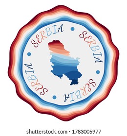 Serbia badge. Map of the country with beautiful geometric waves and vibrant red and blue frame. Vivid round Serbia logo. Vector illustration.