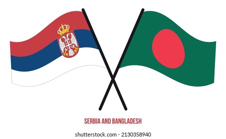 Serbia and Bangladesh Flags Crossed And Waving Flat Style. Official Proportion. Correct Colors.