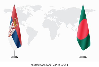 Serbia and Bangladesh flags for official meeting against background of world map.