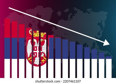 Serbia bar chart graph, decreasing values, crisis and downgrade concept, Serbia flag on bar graph, down arrow on data, news banner idea, fail and decrease, financial statistic