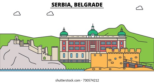 Serbia, Belgrade. City skyline, architecture, buildings, streets, silhouette, landscape, panorama, landmarks. Editable strokes. Flat design line vector illustration concept. Isolated icons set