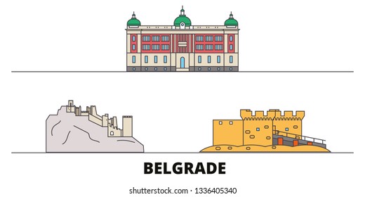 Serbia, Belgrade flat landmarks vector illustration. Serbia, Belgrade line city with famous travel sights, skyline, design. 