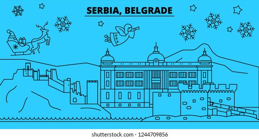 Serbia, Belgrade winter holidays skyline. Merry Christmas, Happy New Year decorated banner with Santa Claus.Serbia, Belgrade linear christmas city vector flat illustration