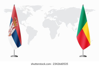 Serbia and Benin flags for official meeting against background of world map.