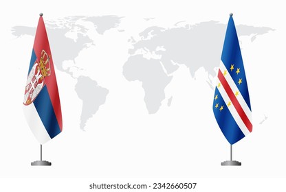 Serbia and Cape Verde flags for official meeting against background of world map.