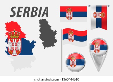 SERBIA. Collection of symbols in colors national flag on various objects isolated on white background. Flag, pointer, button, waving and hanging flag, detailed outline map and country inside flag. EPS