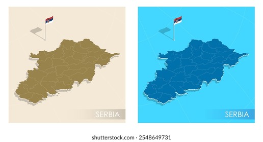 Serbia country flag installed on geographic positioning map point of country territory. Serbian commonwealth banner on land and sea. Festive patriotic HD format template for independence day