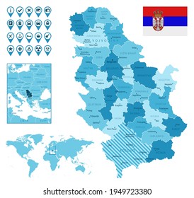 Serbia detailed administrative blue map with country flag and location on the world map.