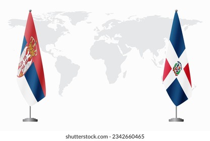 Serbia and Dominican flags for official meeting against background of world map.