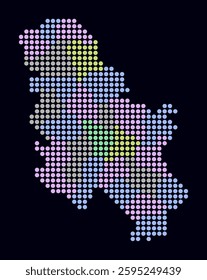 Serbia dotted map. Digital style map of the country on dark background. Serbia shape with circle dots. Colored dots style. Large size circles. Vibrant vector illustration.