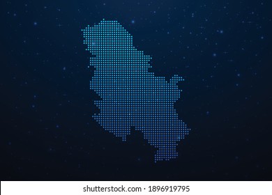 Serbia dotted map in futuristic style, glowing outline made of stars lines dots. Communication, internet technologies concept on dark blue space background. Vector illustration.
