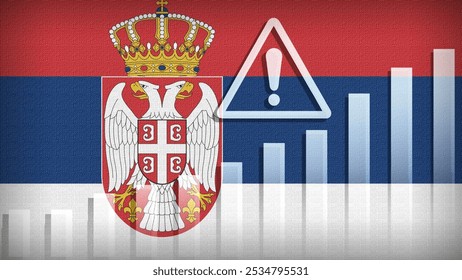 Serbia flag with burlap texture, warning sign, and rising bar chart symbolizing increasing risk or growth challenges in the country. Ideal for data presentations.