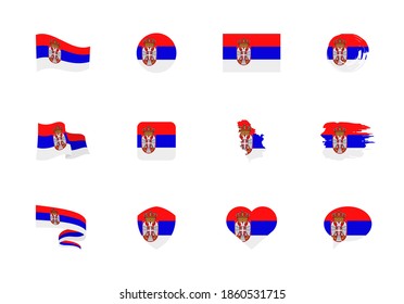 Serbia flag - flat collection. Flags of different shaped twelve flat icons. Vector illustration set