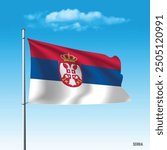 Serbia flag flying on blue sky, vector illustration.