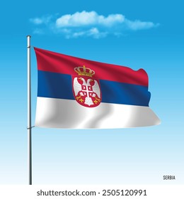 Serbia flag flying on blue sky, vector illustration.