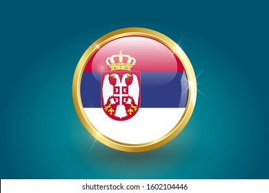 Serbia flag in the form of a circle, can be used for independence day or other events. Serbia icon gold glossy badge button with Serbia flag and shadow on light background. vector illustration. EPS 10