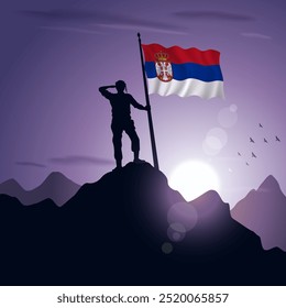 Serbia Flag hoisted on a mountain peak with a purplish sunset in the background, vector illustration