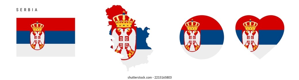 Serbia flag icon set. Serbian pennant in official colors and proportions. Rectangular, map-shaped, circle and heart-shaped. Flat vector illustration isolated on white.