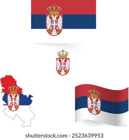 Conjunto de iconos de bandera de Serbia. Banderín serbio en colores y proporciones oficiales. Rectangular, en forma de mapa, rectangular y ondulado. Ilustración vectorial plana aislada sobre fondo blanco. bandera de Serbia