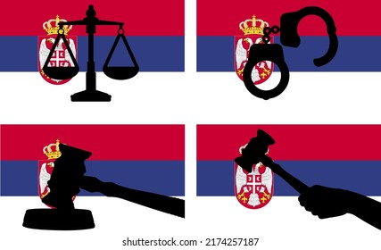Serbia flag with justice vector silhouette, judge gavel hammer and scales of justice and handcuff silhouette on country flag, Serbia law concept, design asset, freedom idea