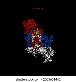 Serbia flag map, chaotic particles pattern in the colors of the Serbian flag. Vector illustration isolated on black background.