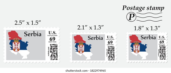 Serbia flag map on postage stamp different size.